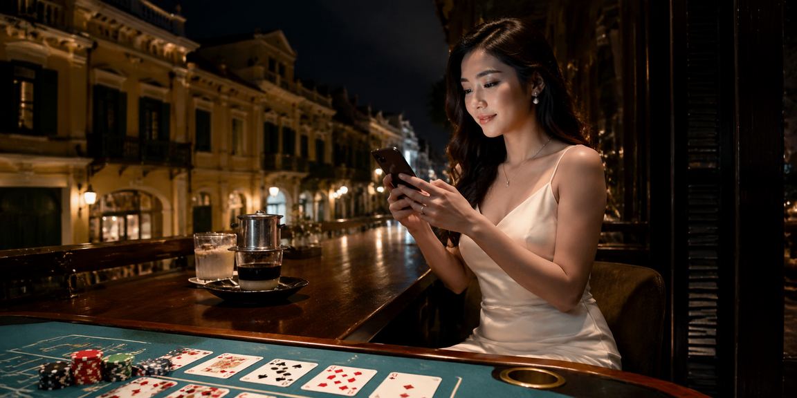 Người dùng Hà Nội tại quán cà phê buổi chiều, theo dõi kết quả xổ số và baccarat trên thiết bị di động