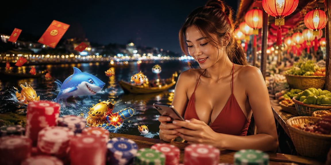 Người chơi cá cược bàn trò chơi bài sáng tạo bên sông Mekong